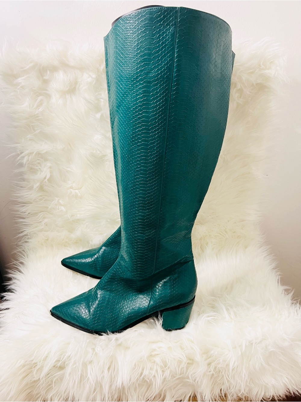 Teal Knee-High Pointed Toe Boots Wide Calf